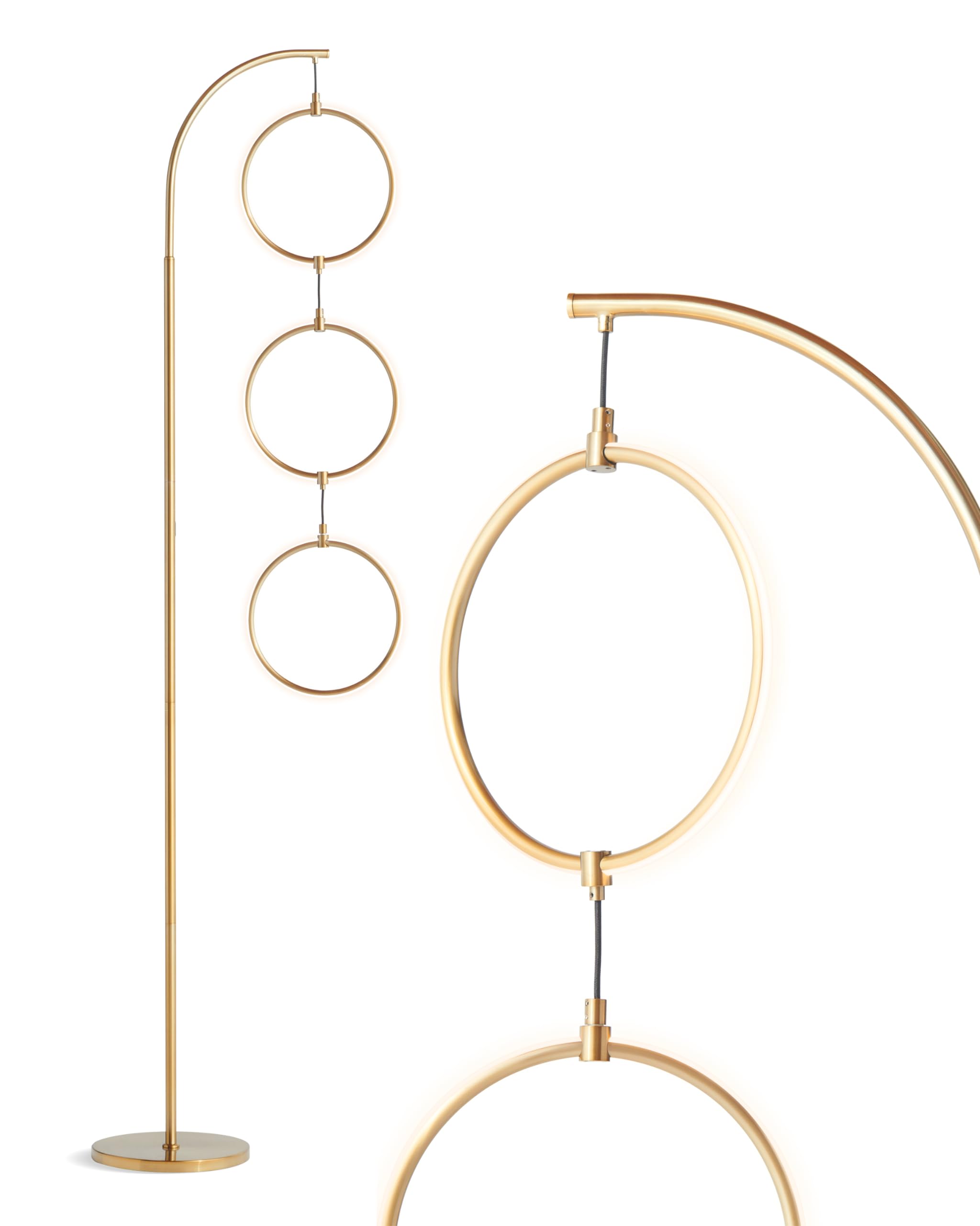 Brightech Nova Modern Floor Lamp - Brass Arc Lamp with 3-Circle Pendant - Contemporary Design for Living Room - Model FL-NVA-BRS