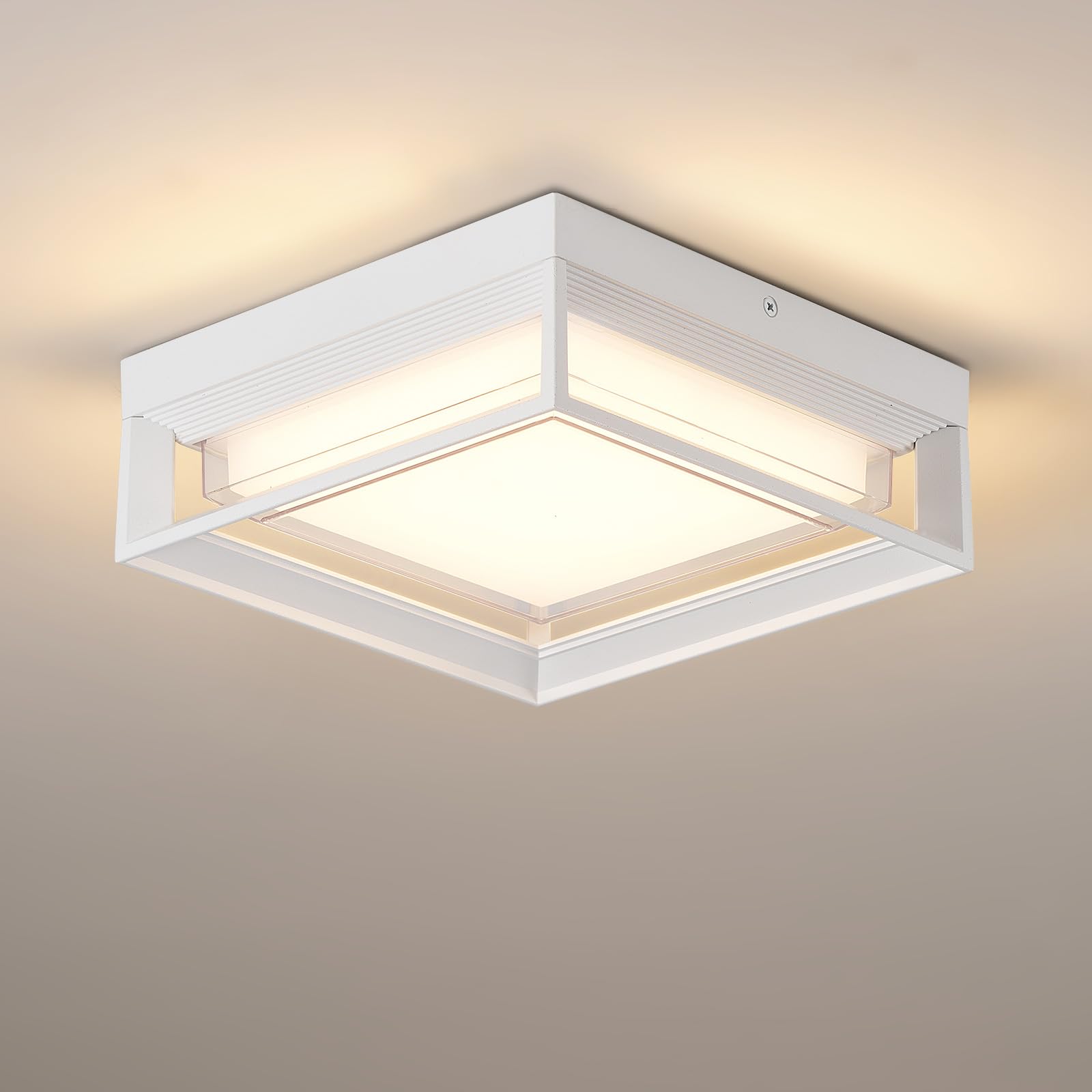 Modern White LED Flush Mount Ceiling Light Outdoor, 120V 24W 3000K Warmlight 9 inch Square Overhead Ceiling Porch & Patio Lights