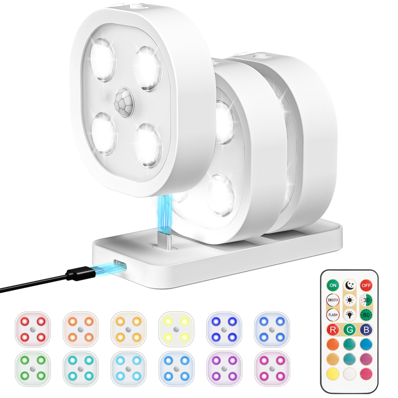 Lightbiz 3PCS Motion Sensor Step Light, Wireless Rechargeable Puck Lights, RGB Color, Model C930-3, Ideal for Closet and Hallway