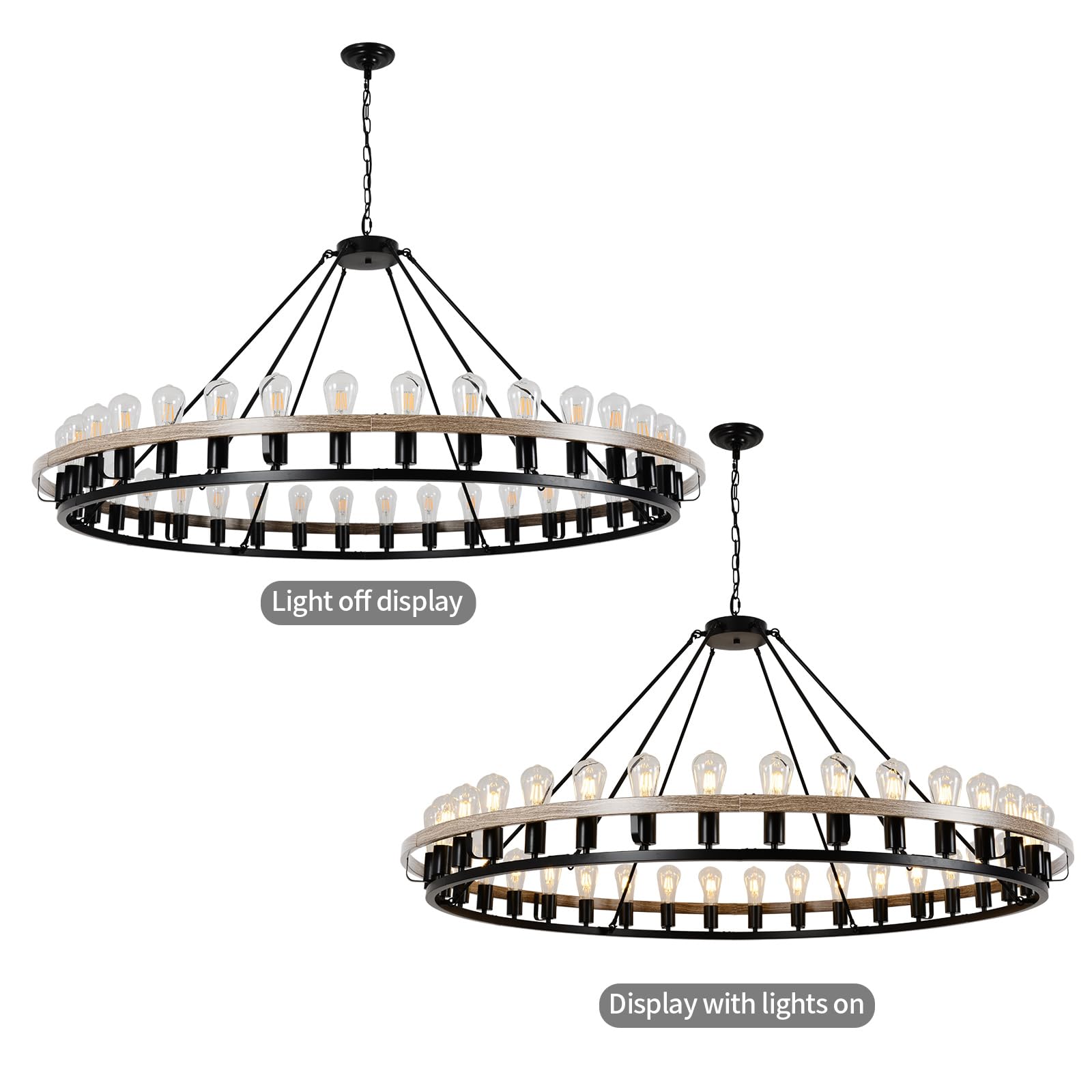 WOGON WEEL Wagon Wheel Chandelier 60-Inch 36-Light Metal Rustic Black Oak Finish for High Ceilings Living Room Foyer