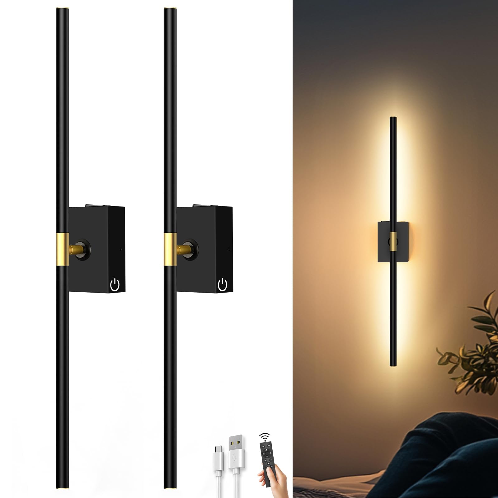 iThird Battery Operated Wall Sconces Set of 2, 10000mAh Rechargeable, Remote Control, 31.5 Inch, Black, Model DlampB2P