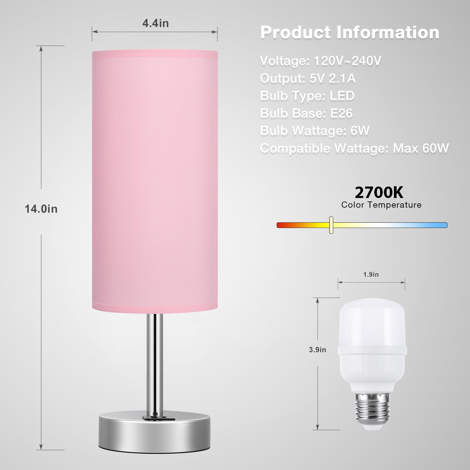 Pink Touch Nightstand Lamps For Girl - Small Desk Bedside Lamp With Usb-C And Usb Charging Ports, 3 Way Dimmable Control Table L