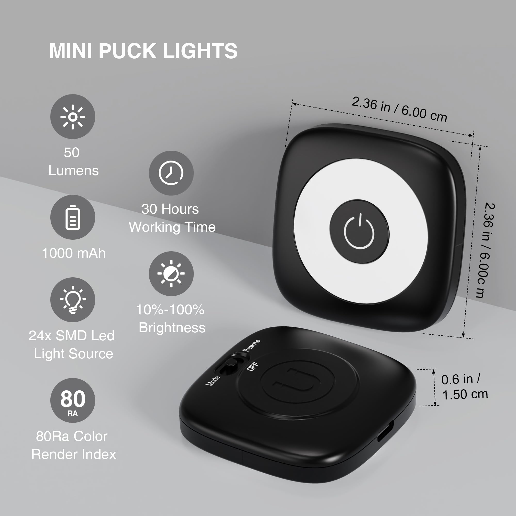 MICLIONLED Rechargeable Mini Puck Lights with Remote Control, Ultra-thin, Adjustable Brightness, 3 CCT, 6 Pack, Black, Model M3-GB15