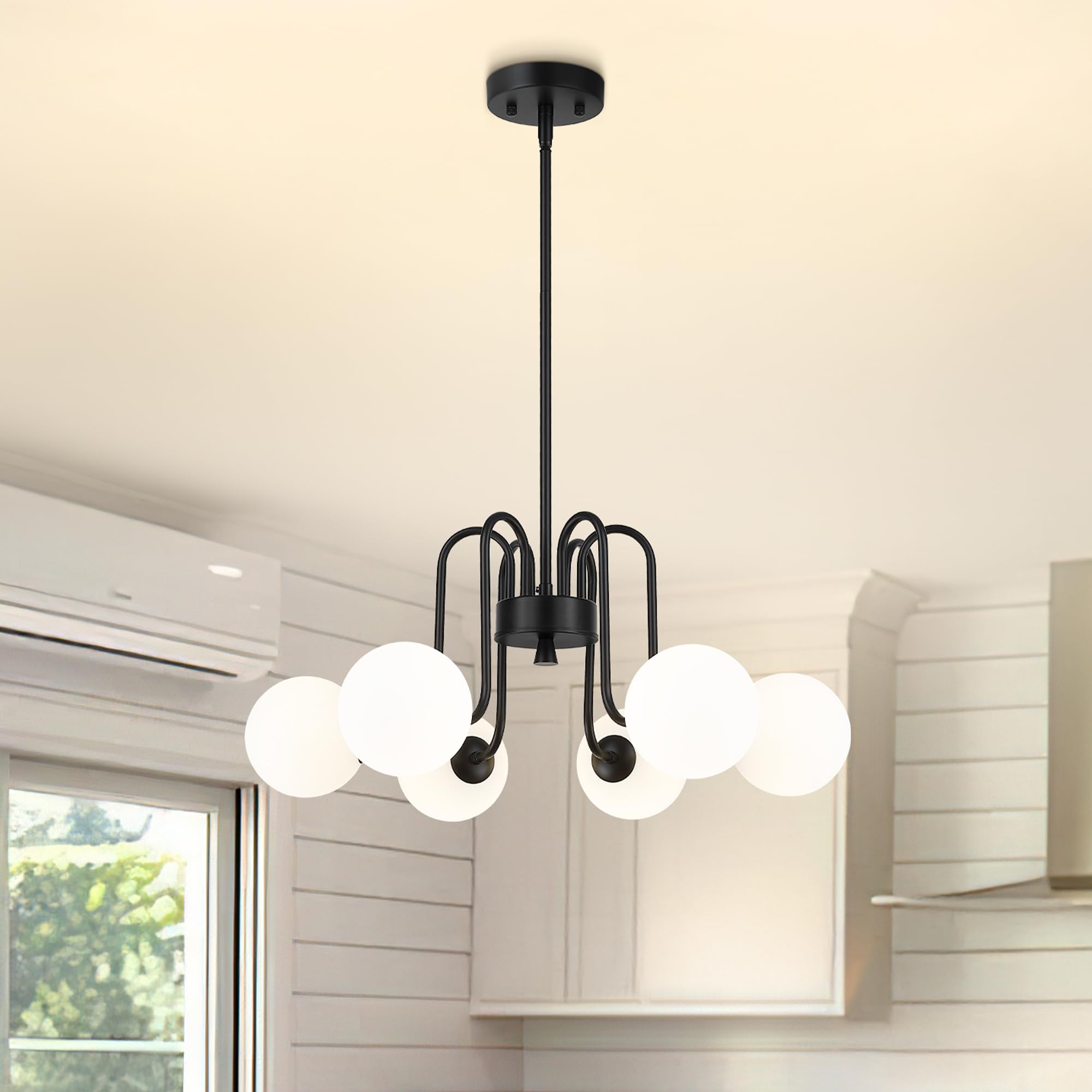 Cargifak Black Chandelier With Frosted Glass Globe, 6-Light Modern Pendant Light For Kitchen, Bedroom, Hallway, Living Room,Ckpl
