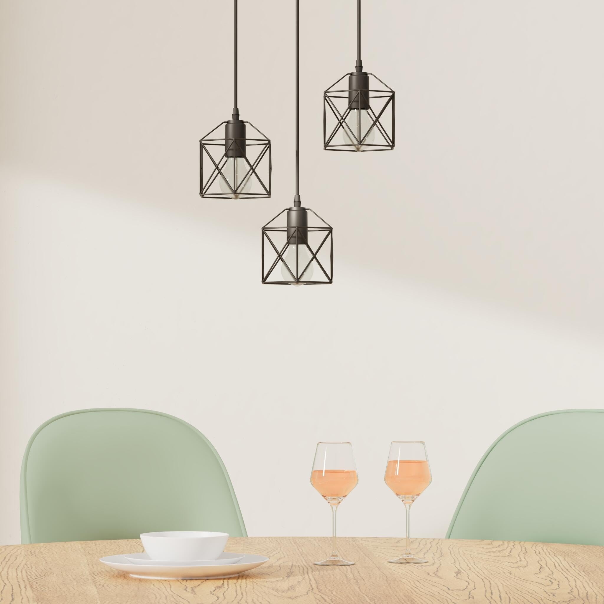 ROCUNSI 3-Light Pendant Light Fixture, Black Metal Cage, Industrial Style for Kitchen, Dining Room, Model XFT-3L-01