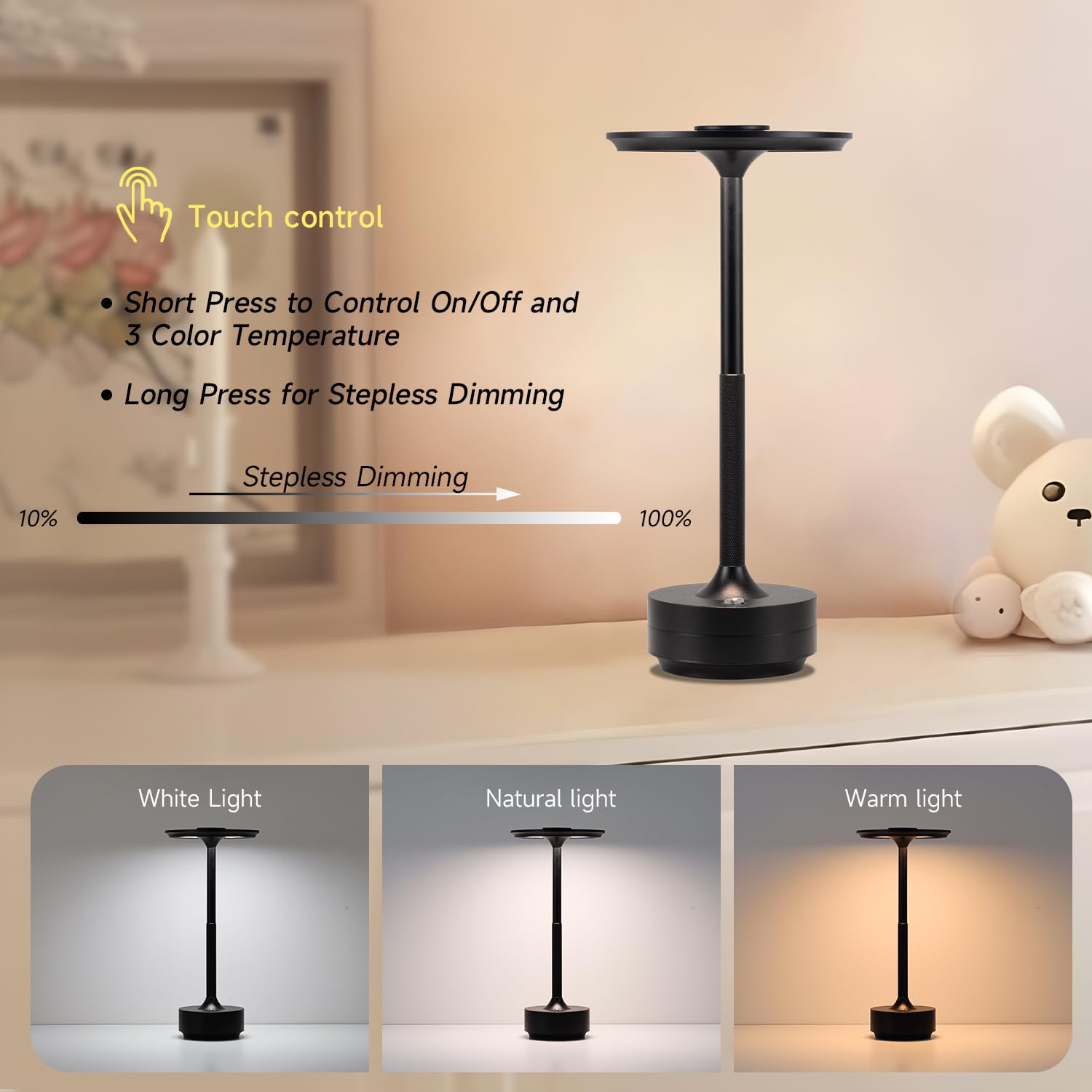 Cordless Table Lamp,Led Rechargeable Desk Light,3 Color Dimming Portable Battery Lamp,Stepless 5000Mah Waterproof Table Light Wi
