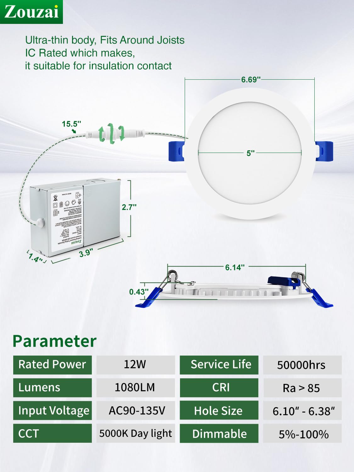 Zouzai 12 Pack 6 Inch 5000K Ultra-Thin LED Recessed Lights, 12W Dimmable, ETL & Energy Star Certified, High Brightness, Ra