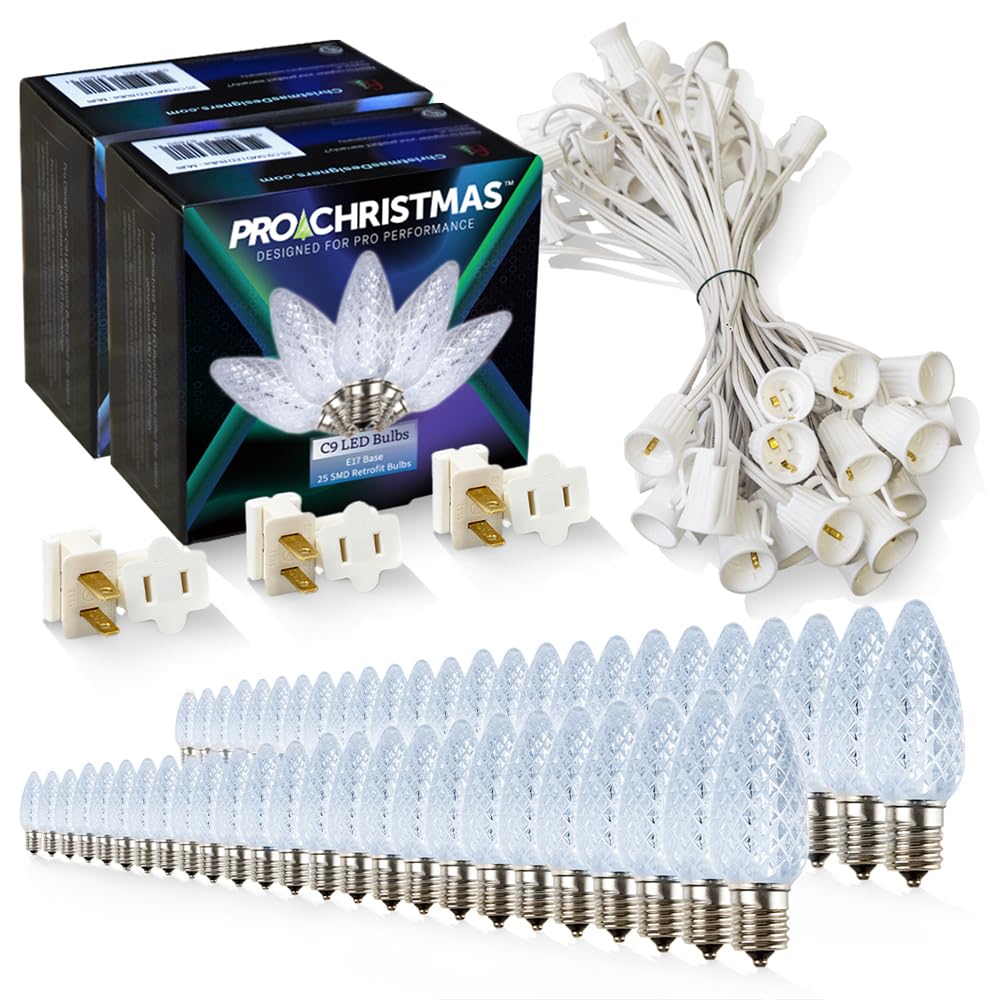 Pro Christmas C9 LED Christmas Light Kit for Rooflines & Pathways - DIY Cut to Length  Outdoor Commercial Grade (White Wire w/Vampire Plugs  50 Bulbs  50 ft) Cool White
