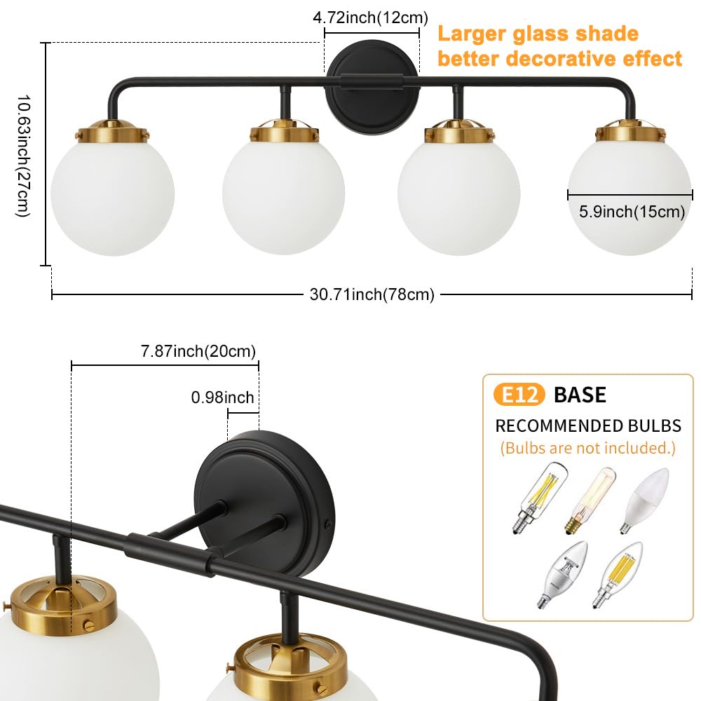 Deyidn Black Gold Bathroom Light Fixtures Above Mirror, Modern Vanity Lighting With White Glass Globe Shade 4-Light Farmhouse Wa