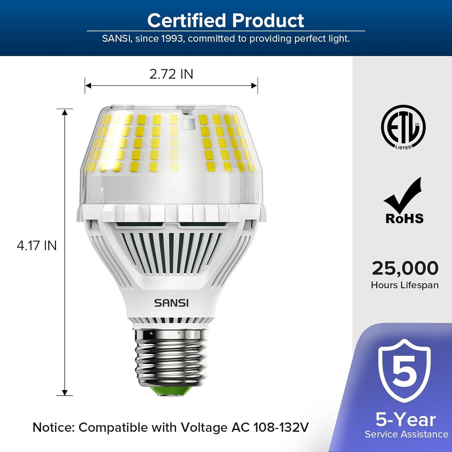 SANSI Dimmable LED Light Bulb, 150W Equivalent, 2500 Lumens, 5000K Daylight, Ceramic, E26 Base, 17W Energy Saving, Model