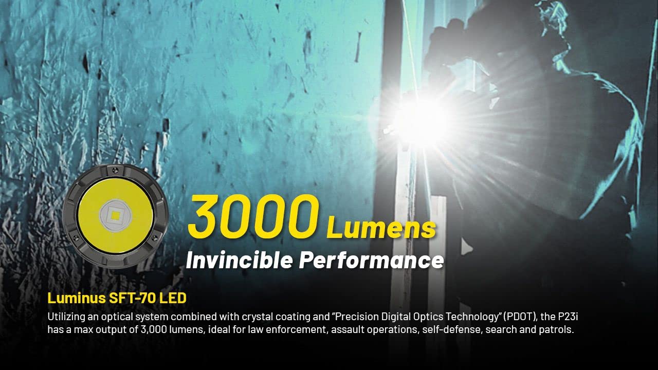 Nitecore P23i Long Range Flashlight, 3000 Lumens, 512 Yards Throw, Aluminum, Black