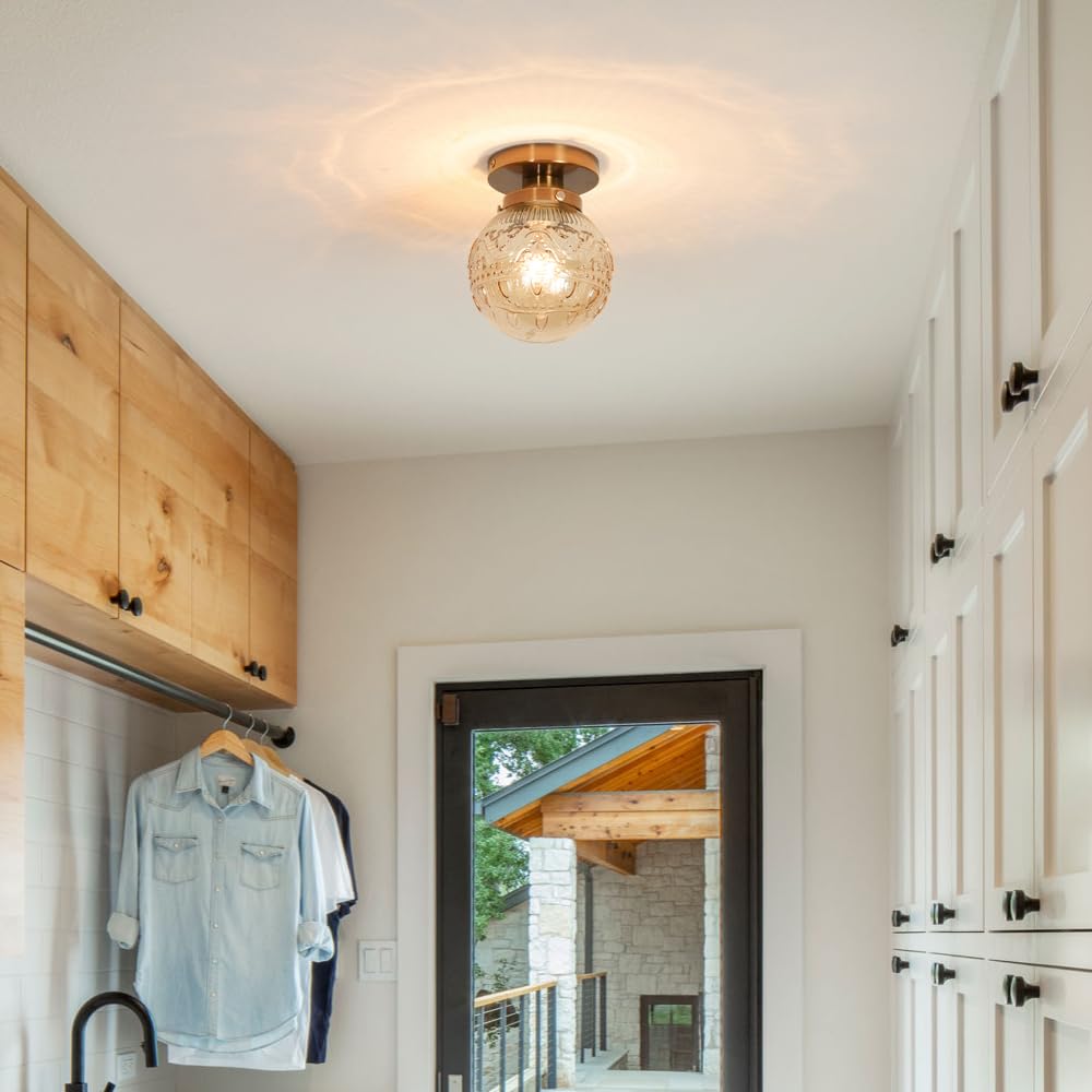 Semi Flush Mount Ceiling Light, Gold Vintage Kitchen Ceiling Light Fixture, Amber Globe Glass Close To Ceiling Light, Hallway Ce