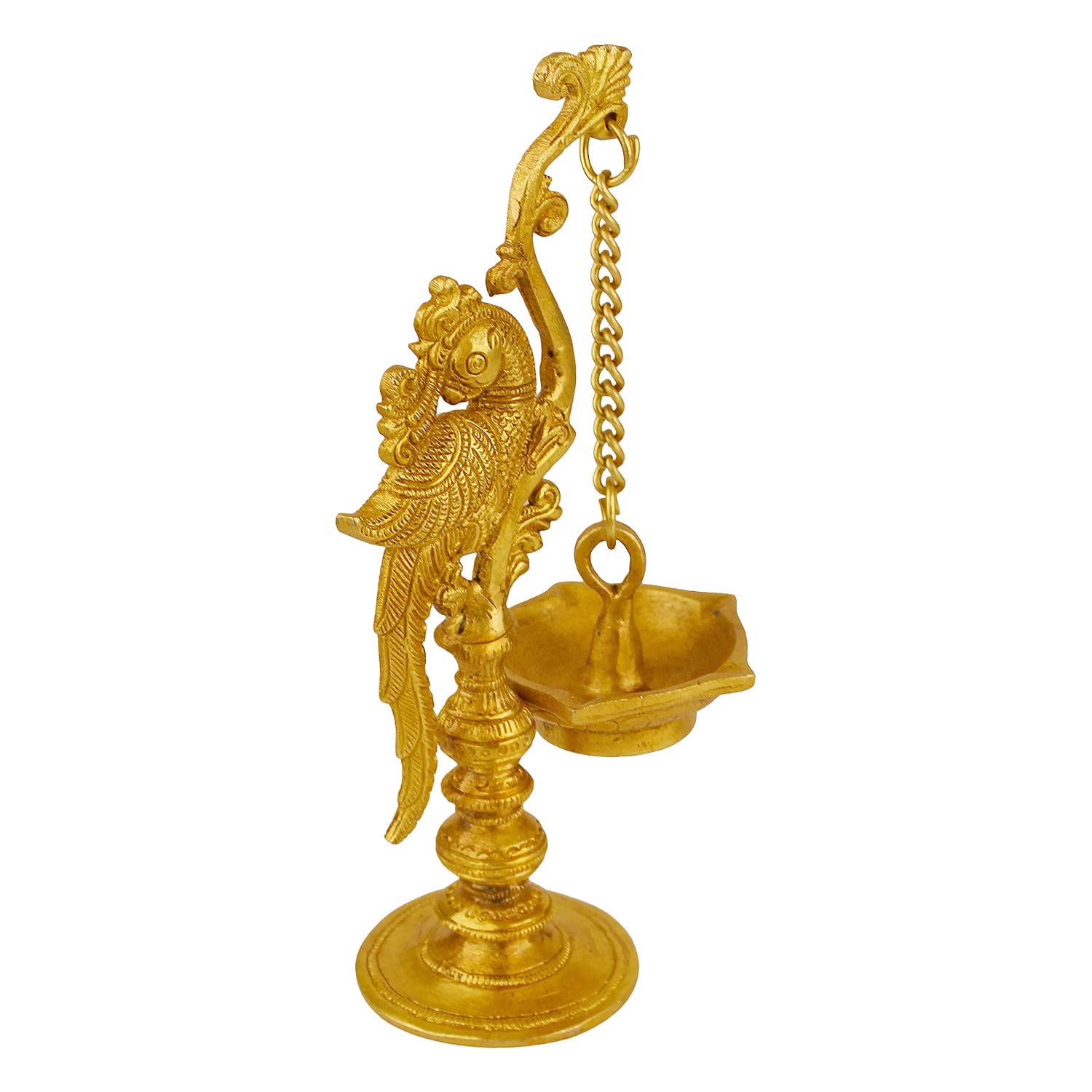 Kartique Brass Parrot Long Chain Oil Lamp Diya Deepam (Height 9 Inch, Gold, Small)