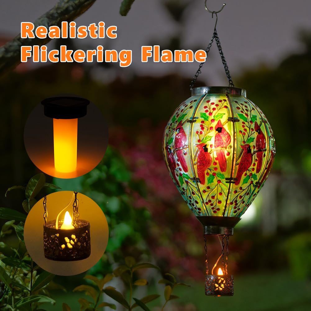 Dreamsoul Cardinal Large Solar Hot Air Balloon Lantern With Flame, Glass Hanging Solar Lanterns Outdoor Waterproof For Garden Ya