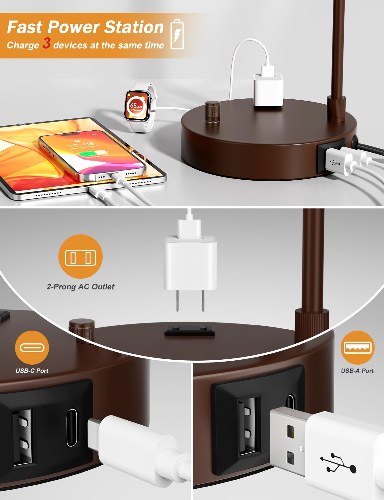 Brown Side Table Lamp With Usb Port And Outlet, Dimmable Nightstand Bedside Lamps With Linen Lampshade, Desk Lamp For Bedroom, L