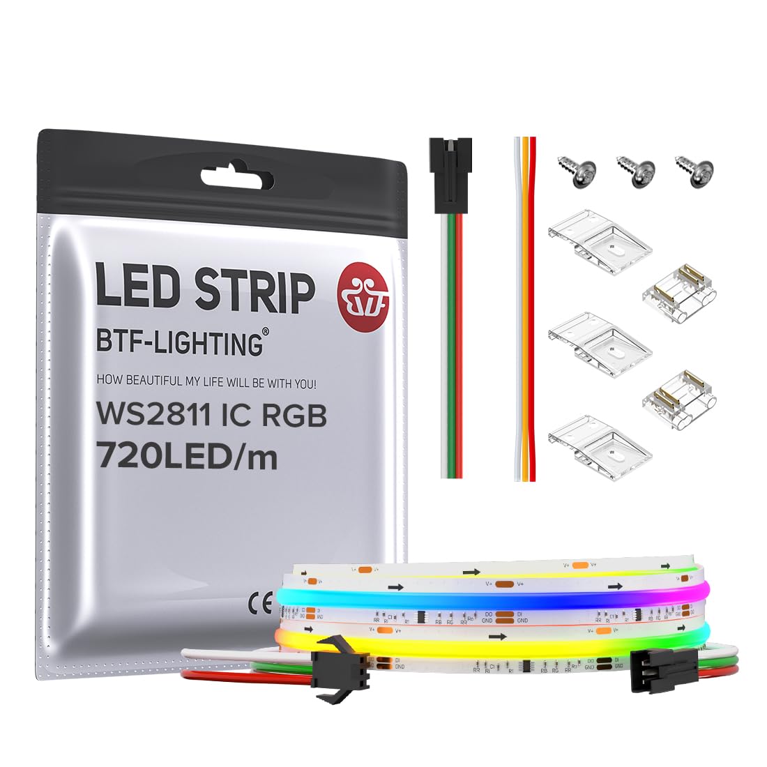 BTF-LIGHTING RGB COB LED Strip 3.2FT 720LED/m White PCB DC12V Flexible Light for Indoor Decor