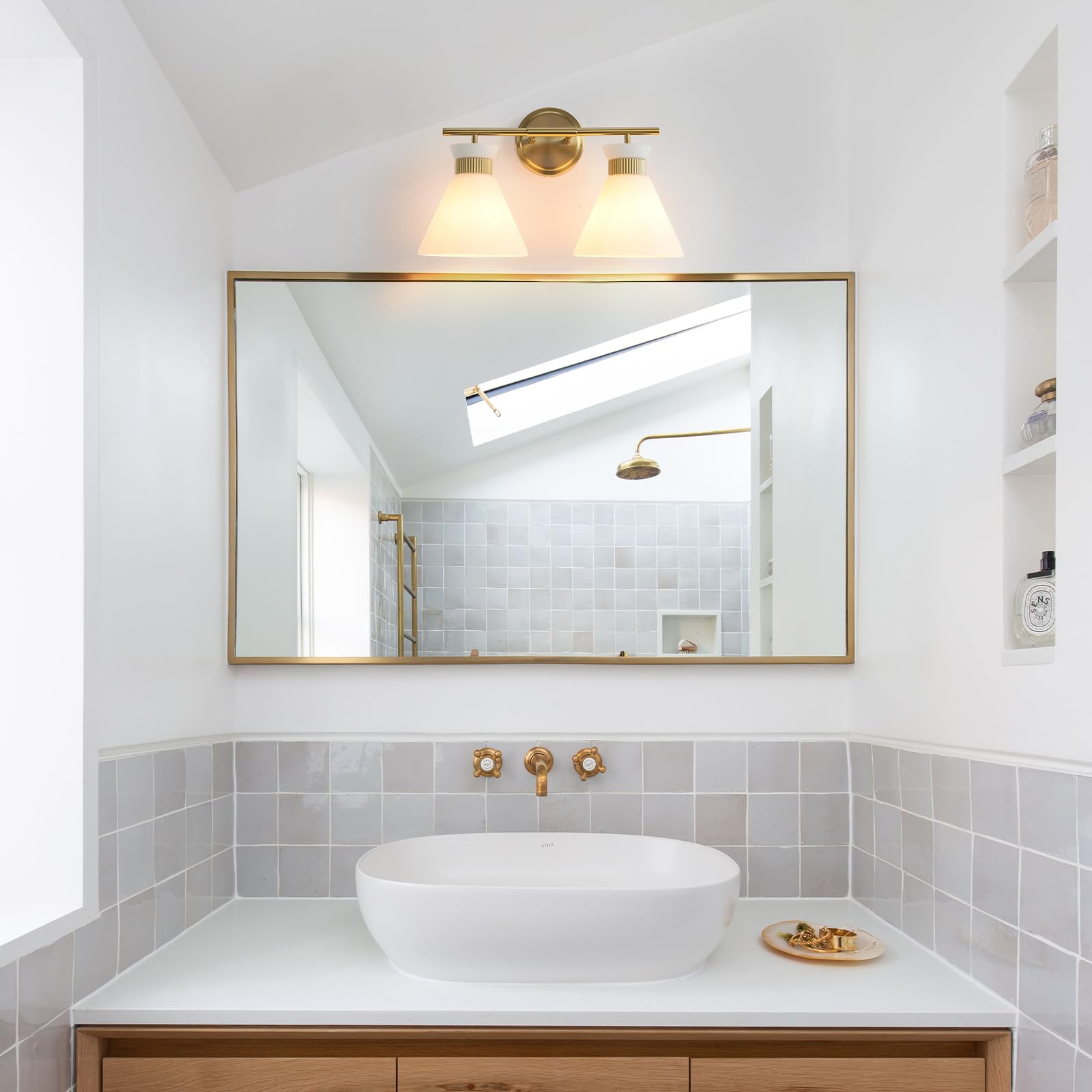 WOSHITU 2-Light Bathroom Vanity Light Fixtures, Brass Gold Metal Wall Sconce with Frosted Glass for Modern Home Decor