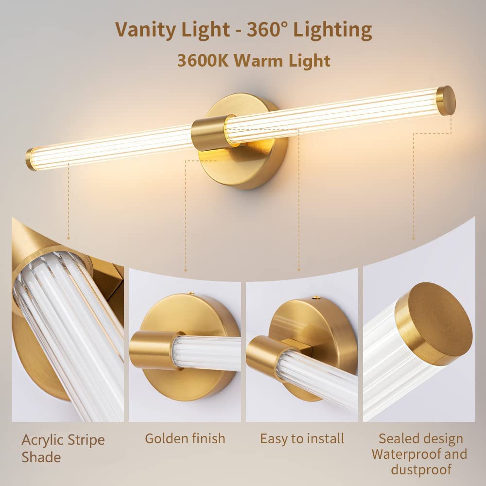 Gednbo Led Bathroom Light Fixtures Gold Bathroom Vanity Lights Over Mirror 360° Full Lighting Dimmable Led 22 Inch Vanity Light Bar Modern Wall Sconce Warm Light For Bedroom Living Room