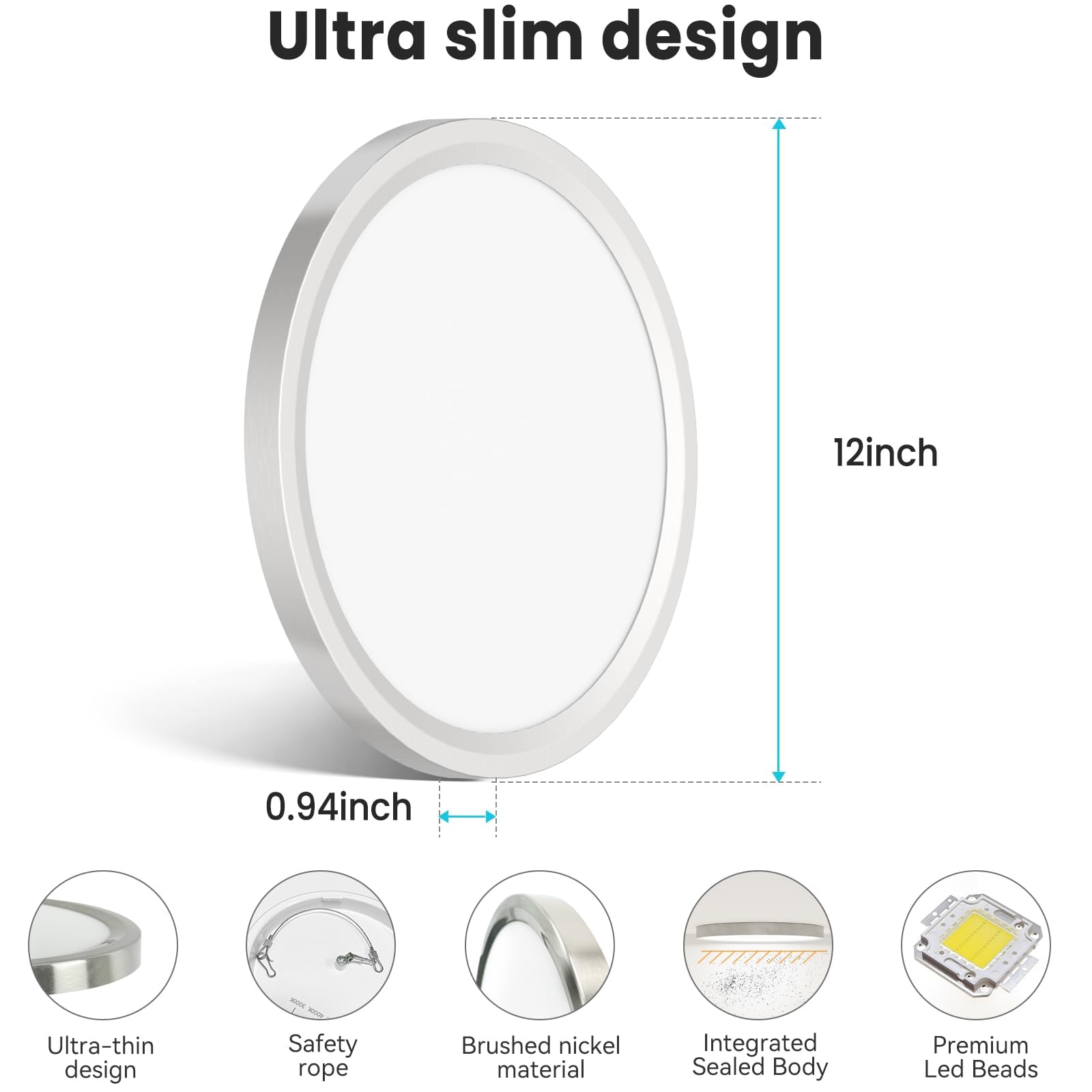 Libtit 12 Inch Flush Mount Led Ceiling Light Fixture, 3000K 4000K 6500K Adjustable, 28W 3200Lm Brushed Nickel Satin Round Lighti