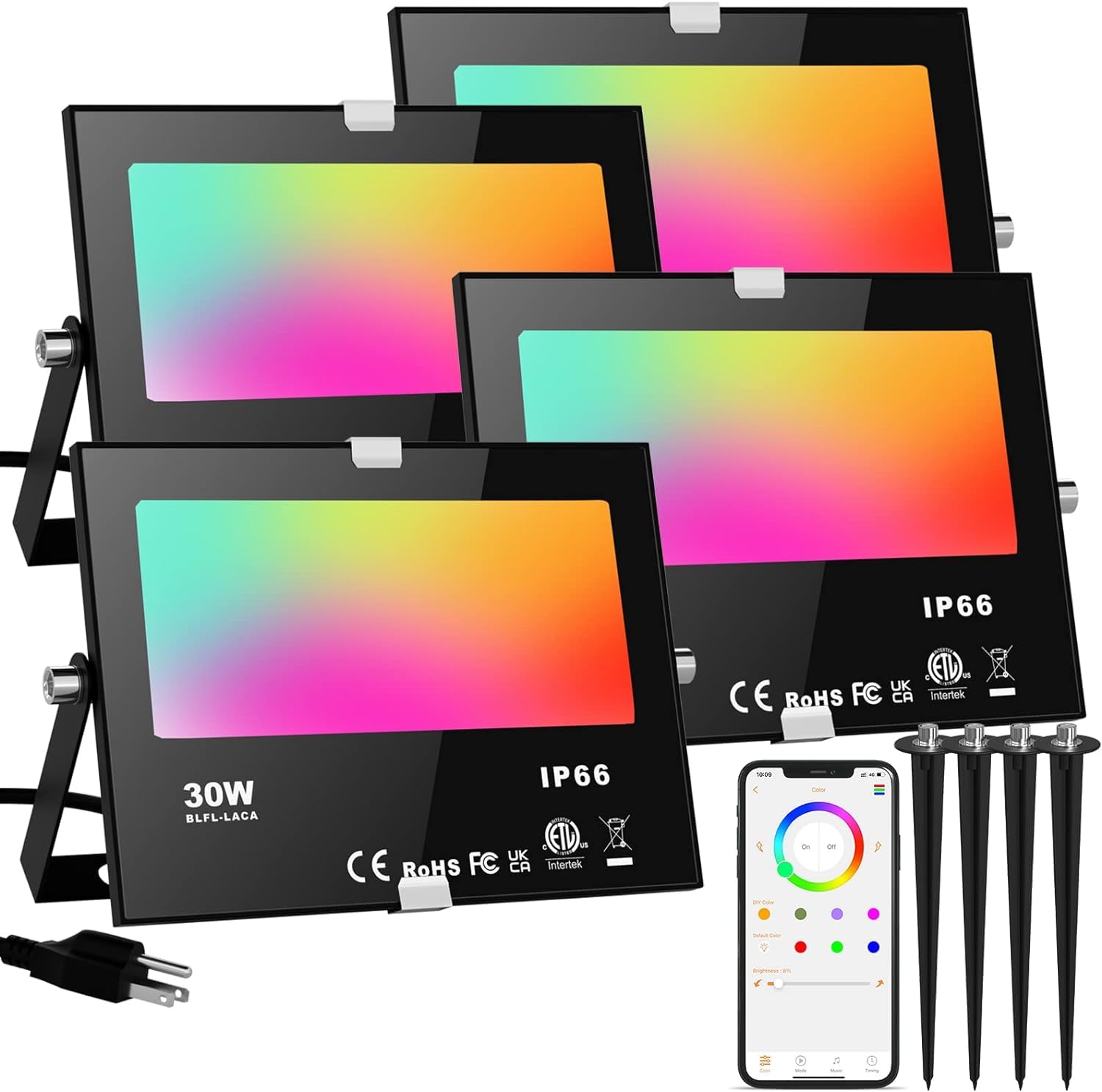 Led Flood Lights Rgb Color Changing 300W Equivalent Outdoor  30W Bluetooth Smart Rgb Floodlight App Control  2700K&16 Million Colors For Garden Stage Lighting 4 Pack With Metal Ground Spikes Stakes