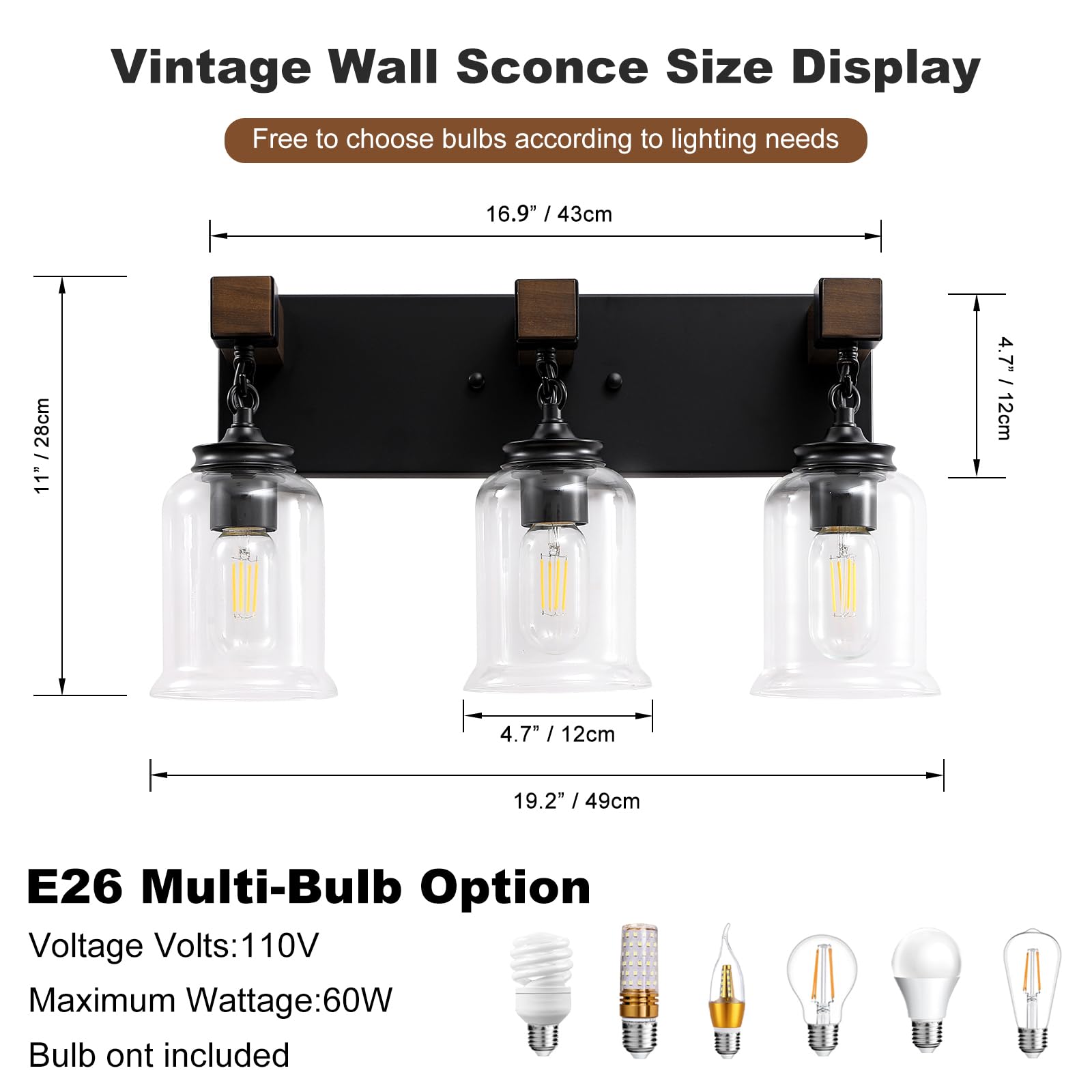 Farmhouse Bathroom Light Fixtures, 3-Light Matte Black Bathroom Vanity Light, Industrial Style With Clear Glass Shades, Lighting