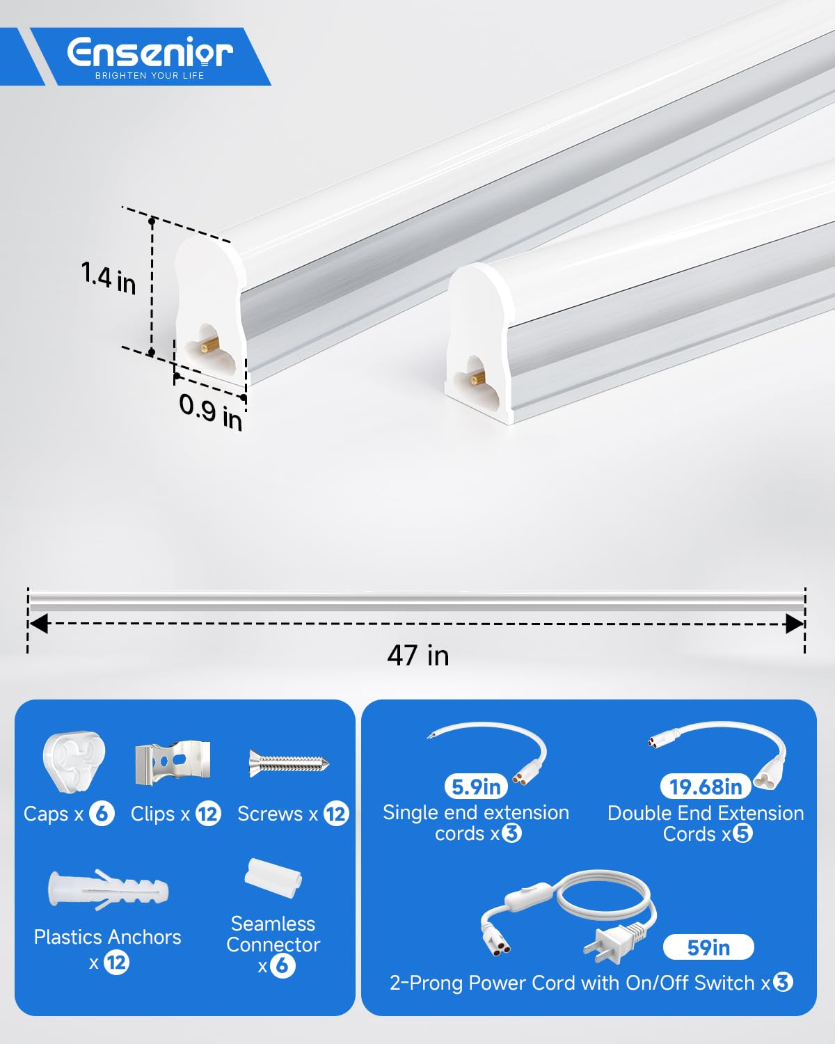 Ensenior 6-Pack T5 Led Shop Lights, 4Ft 2000Lm 6500K Super Bright White Integrated Single Fixture, 20W Linkable Utility Commerci