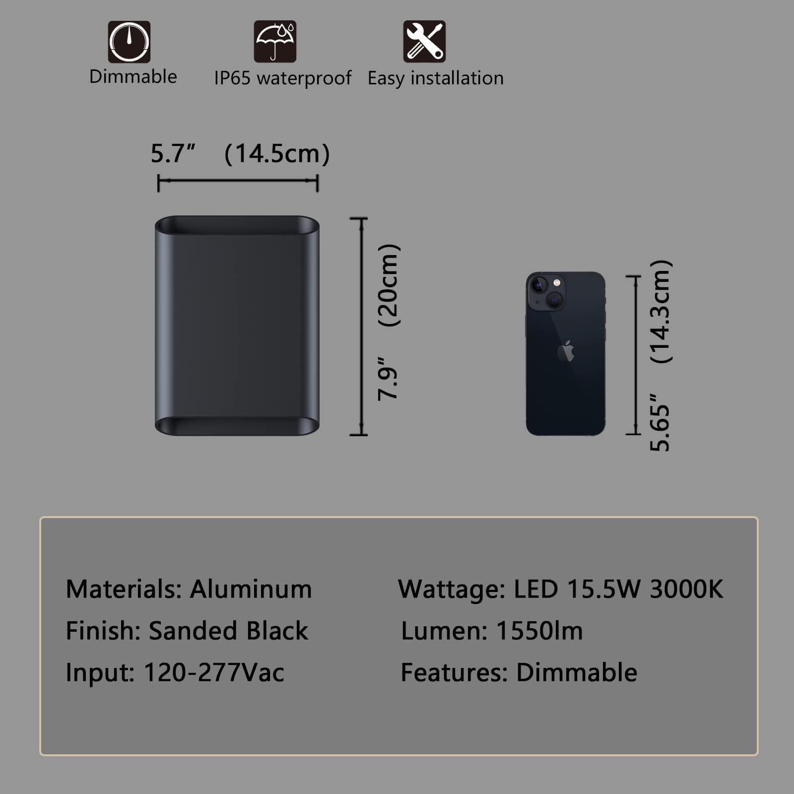 ilucezzo Outdoor Wall Sconces LED Dimmable 7.8" Black Metal IP65 Waterproof, Model 640888-001-BK