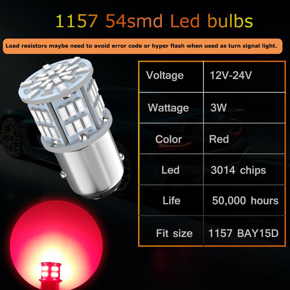 Melphan-Auto 1157 LED Brake Light Bulb, 12V-24V, 54SMD 3014 Chipset, Red, 2PCS