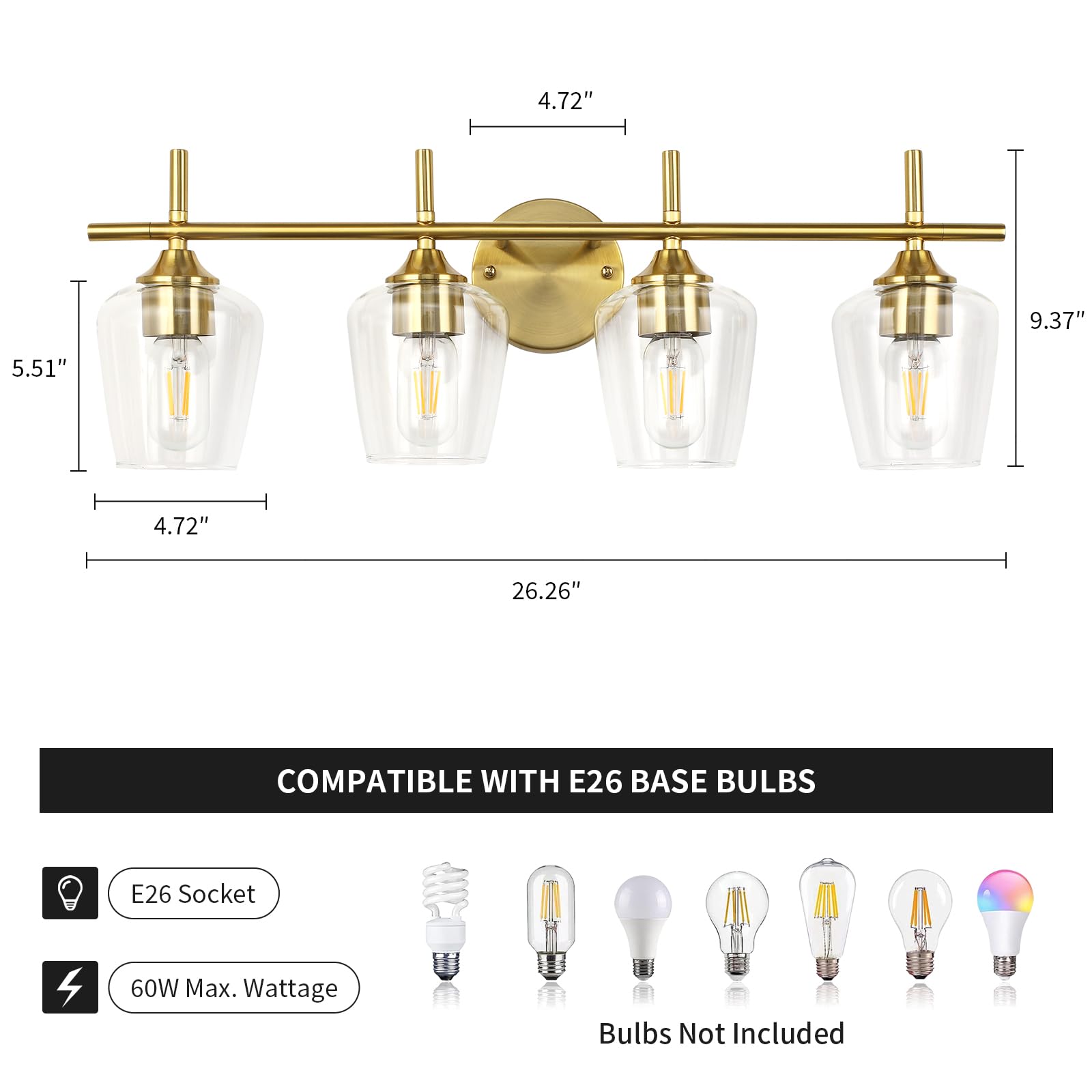 foucasal Bathroom Light Fixtures, 4-Light Gold Vanity Light with Clear Glass Shade, Modern Brushed Brass Design