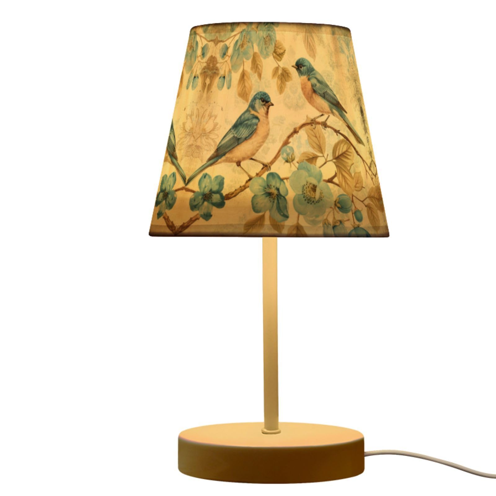 Peystean Modern 3 Colors Dimmable LED Table Lamp, Vintage Blue Birds Cherry Blossom Linen Shade 10.8 Bedside Nightstand Light wi