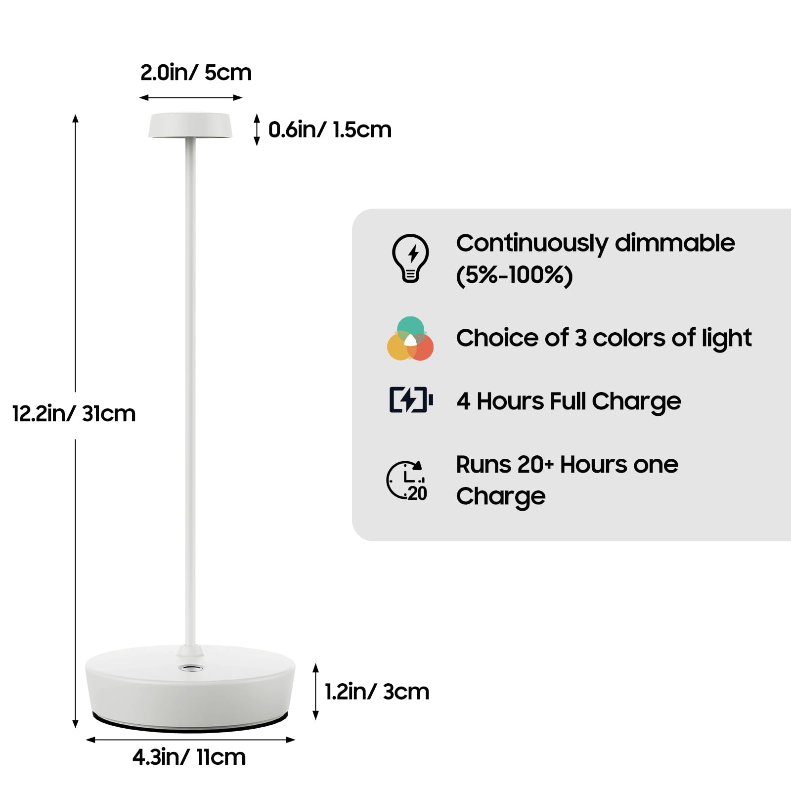 Sikevht Cordless LED Table Lamp - Rechargeable, 3 Color Dimmable, Metal, 2Pack White, Model X10