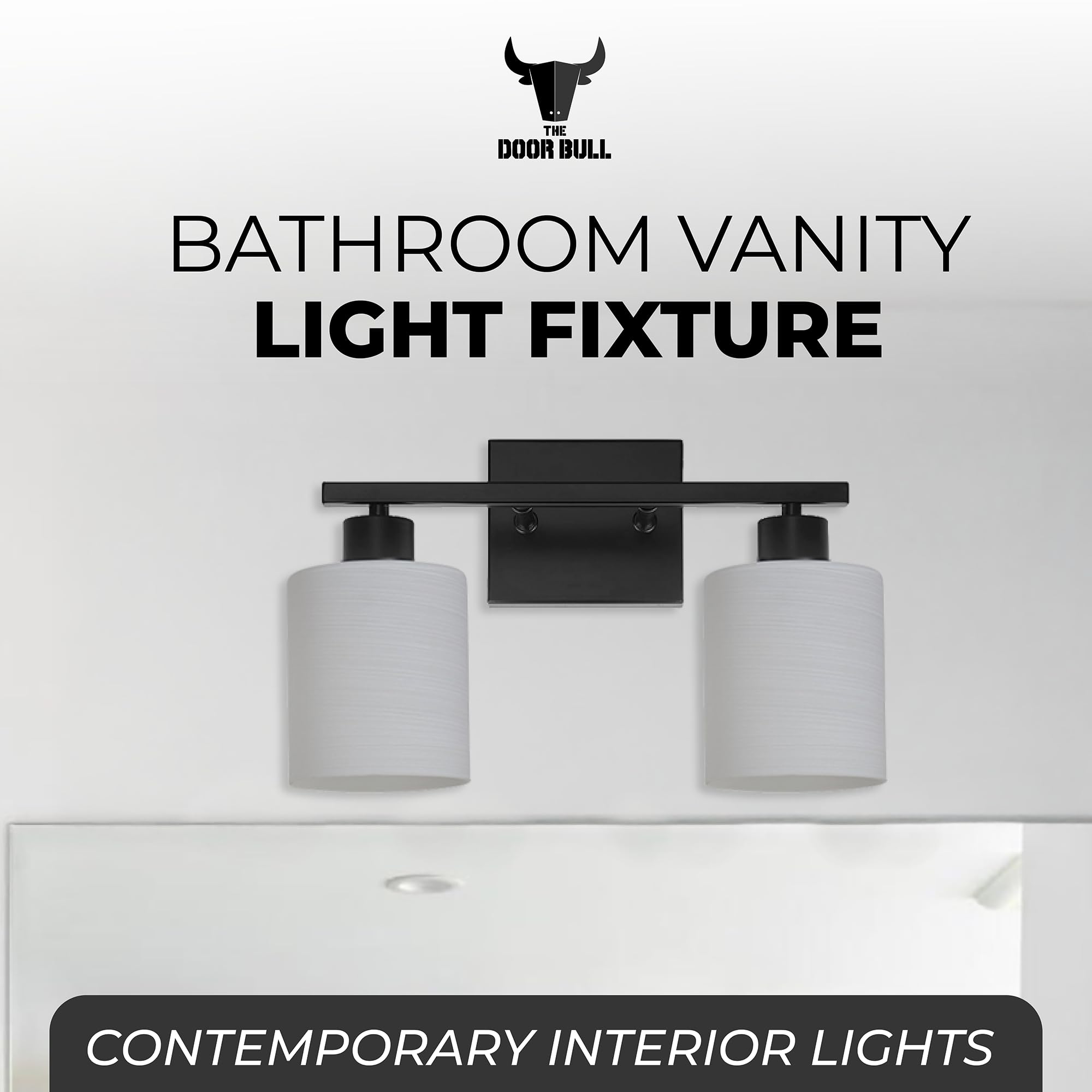 The Door Bull Modern Bathroom Vanity Light, 2 Lights, Matte Black, Milky White Glass Shades, Stainless Steel, Model VNT-1000