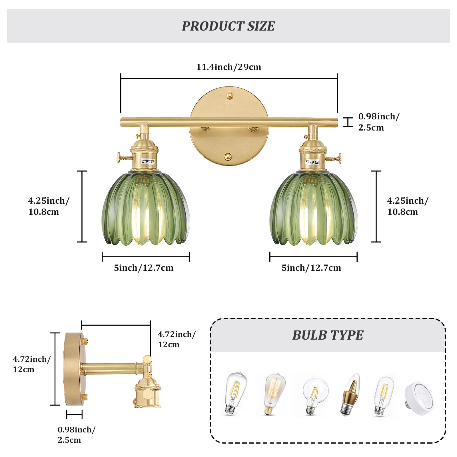 Shenmoyl 2-Light Brass Vanity Wall Light, Green Tulip Glass Shade, Hardwired, Model 1-9325 for Bathroom, Bedroom, Living Room
