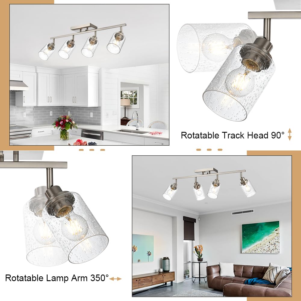 Winshen 4-Light Track Lighting Fixtures, Rotatable Track Head Bathroom Vanity Light Ceiling Spotlight Brushed Nickel, Seeded Gla