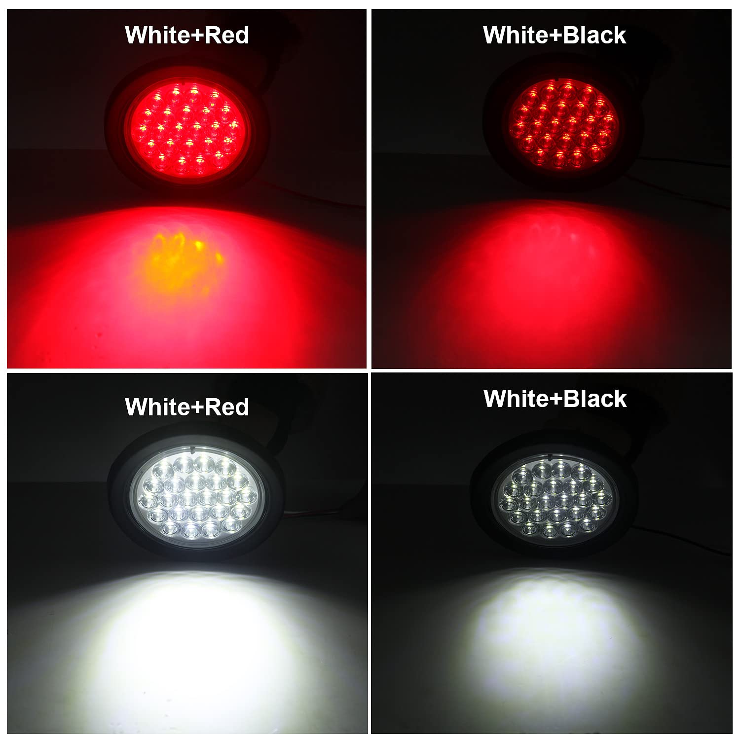 Partswcgg 4 Inch Round LED Trailer Tail Lights - 4Pcs Waterproof Stop Turn Brake Lights, 2 Red + 2 White, 12V with Grommets & Pigt