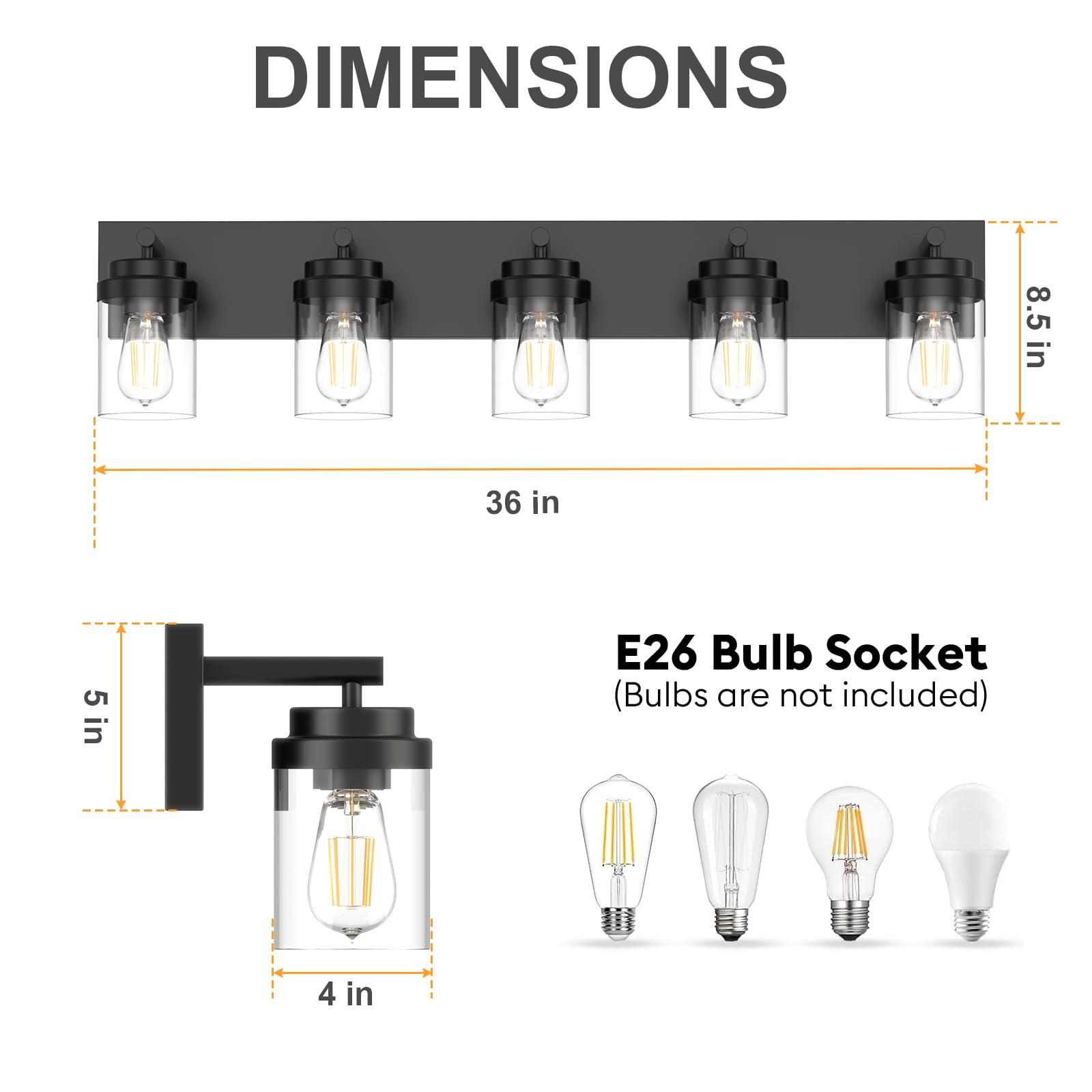 Izorro Bathroom Vanity Light Fixture  5-Light 36 Inch Matte Black Bathroom Light Fixtures Over Mirror  With Clear Glass Shade  Modern Farmhouse Vanity Lights  Rustic Restroom Lighting Fixtures