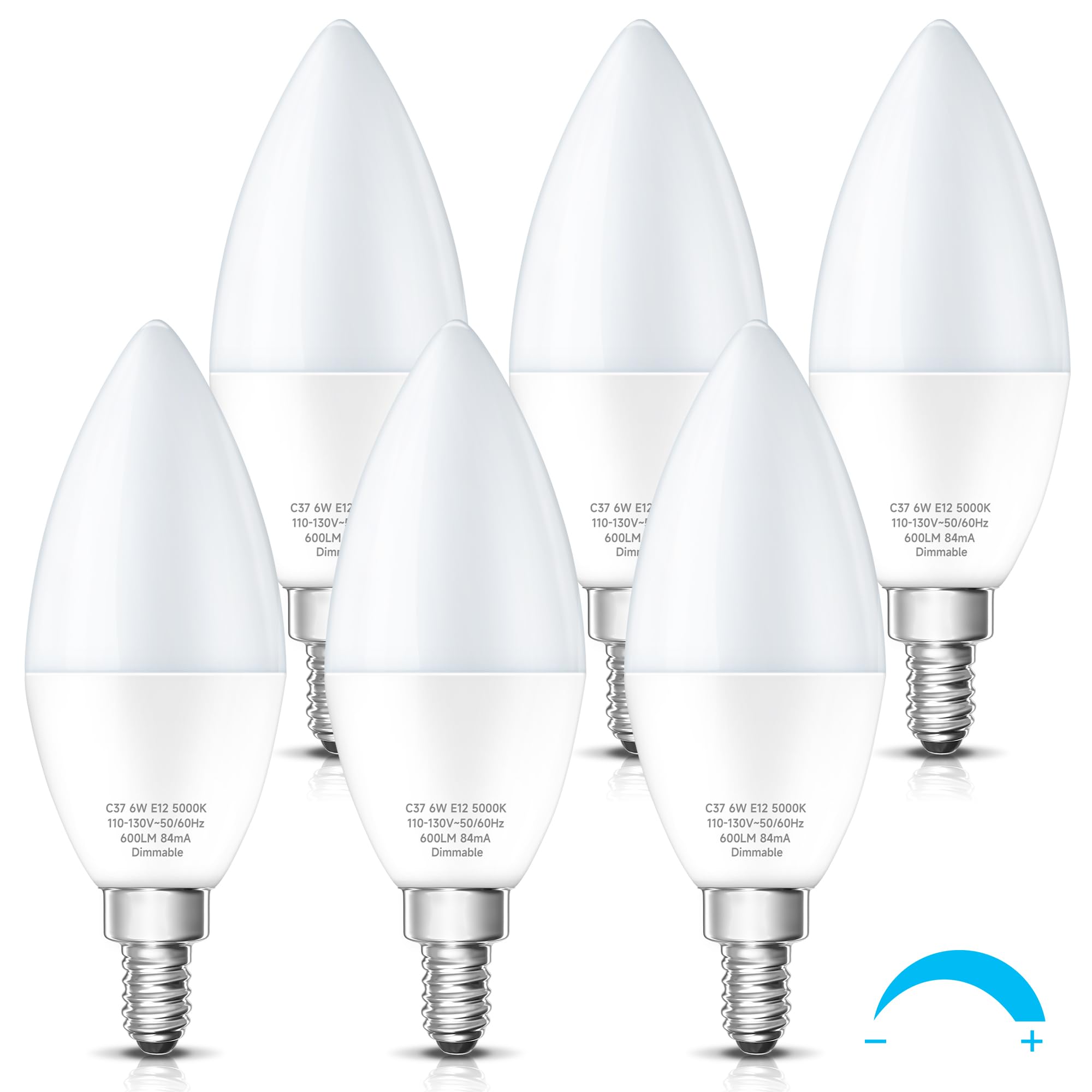 Kindeep Led Candelabra Light Bulbs Dimmable 60 Watt Equivalent, Daylight 5000K, 600Lm, E12 Candle Bulb Base 6W Ceiling Fan Light