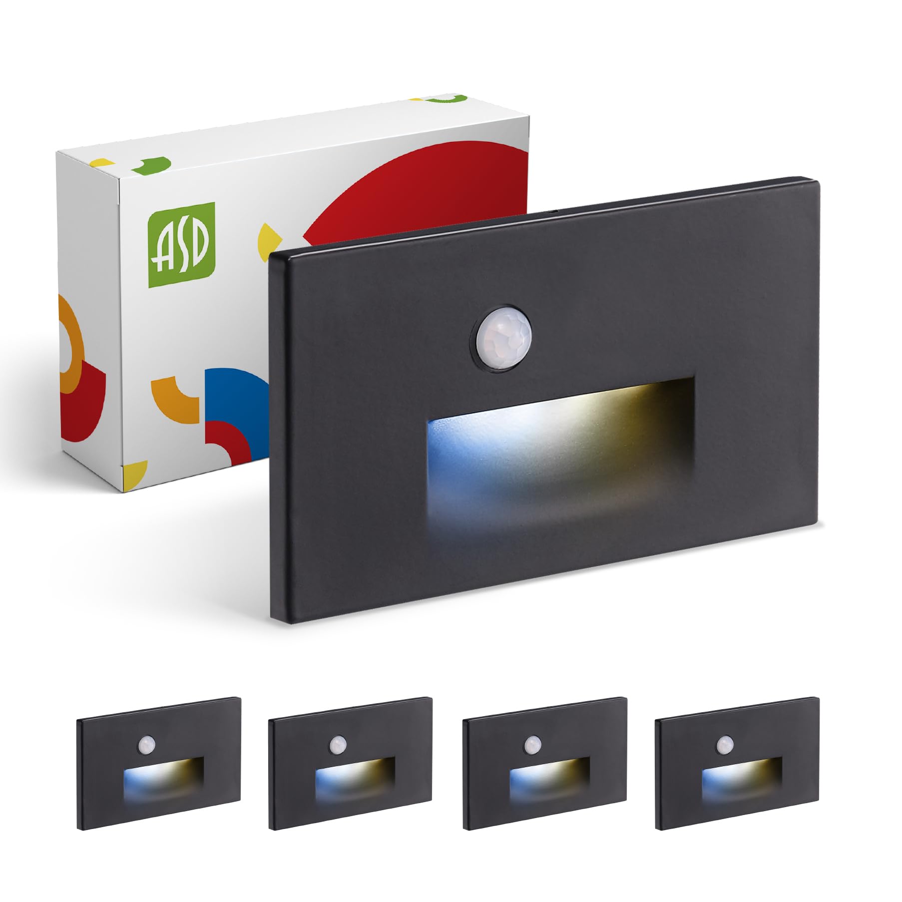 ASD LED Recessed Step Light Fixture, 3W 120LM, 3000K-5000K, Motion Sensor, Black, 4 Pack