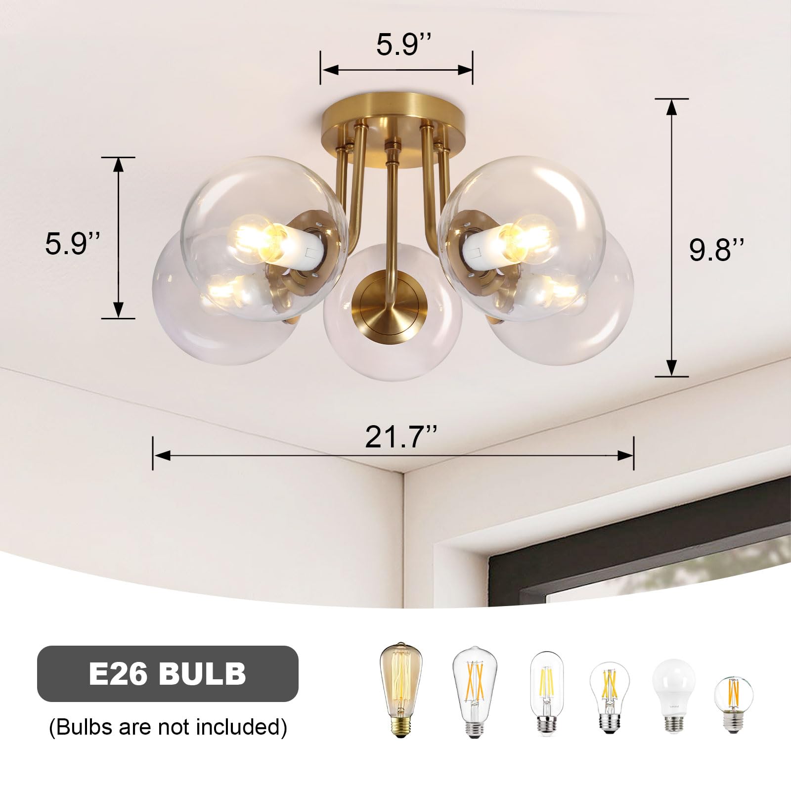 Bektas 5-Lights Semi Flush Mount Ceiling Light Fixture Brushed Gold Light Fixture Bend Modeling With Transparent Glass Shade For Bedroom,Living Room,Dinning Room Foyer Hallway
