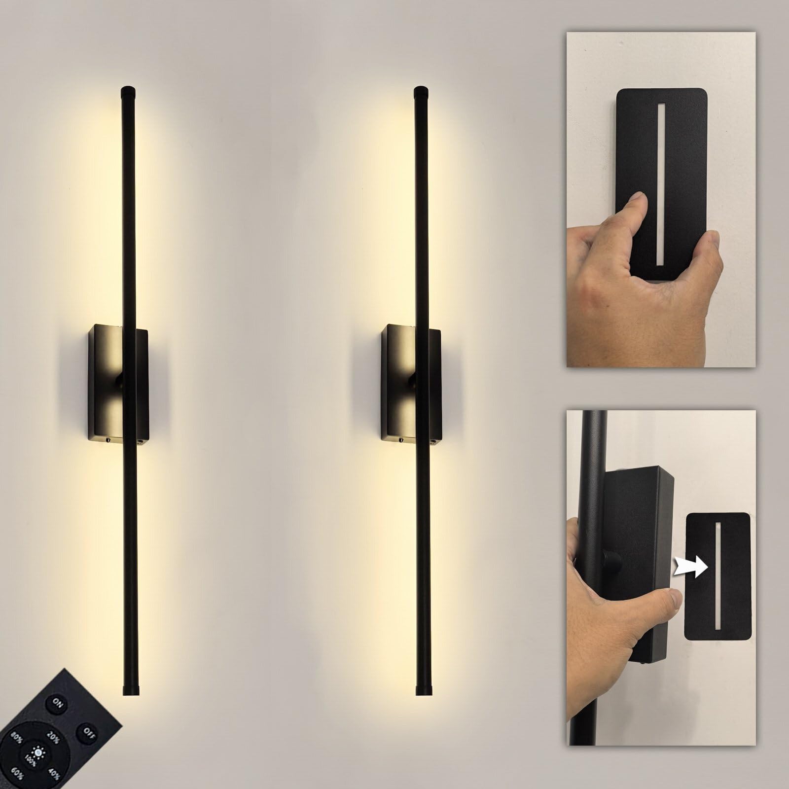 Easy Install Peel and Stick on Battery Operated Wall Sconces Set of 2 Rechargeable, Magnetic Linear Wall Sconce Wireless Long Pi