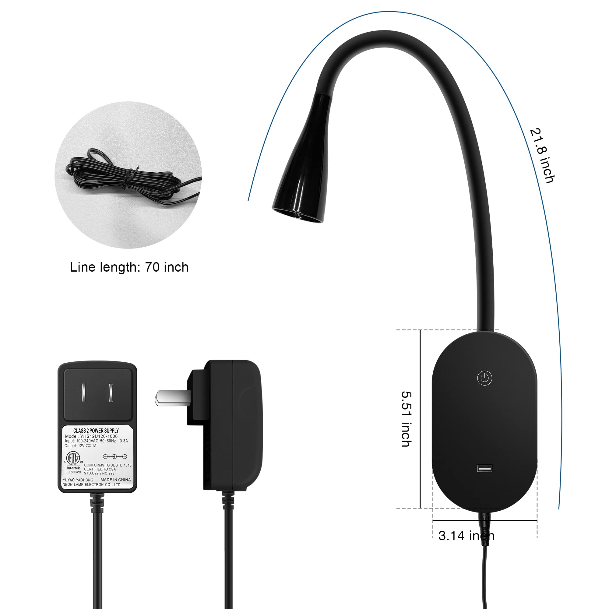 TOPMB Wall Reading Light, Touch Control, 5 Dimmable LED, Gooseneck, Black, Model WD6103-B1