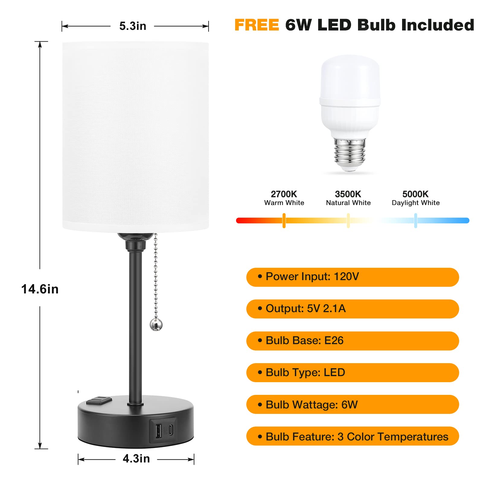 Bedside Table Lamp For Bedroom Set Of 2 - 3 Color Temperatures Small Lamps With Usb C And A Ports, Pull Chain Table Lamps With Ac Outlet, White Nightstand Lamps With Black Metal Base For Kids Reading