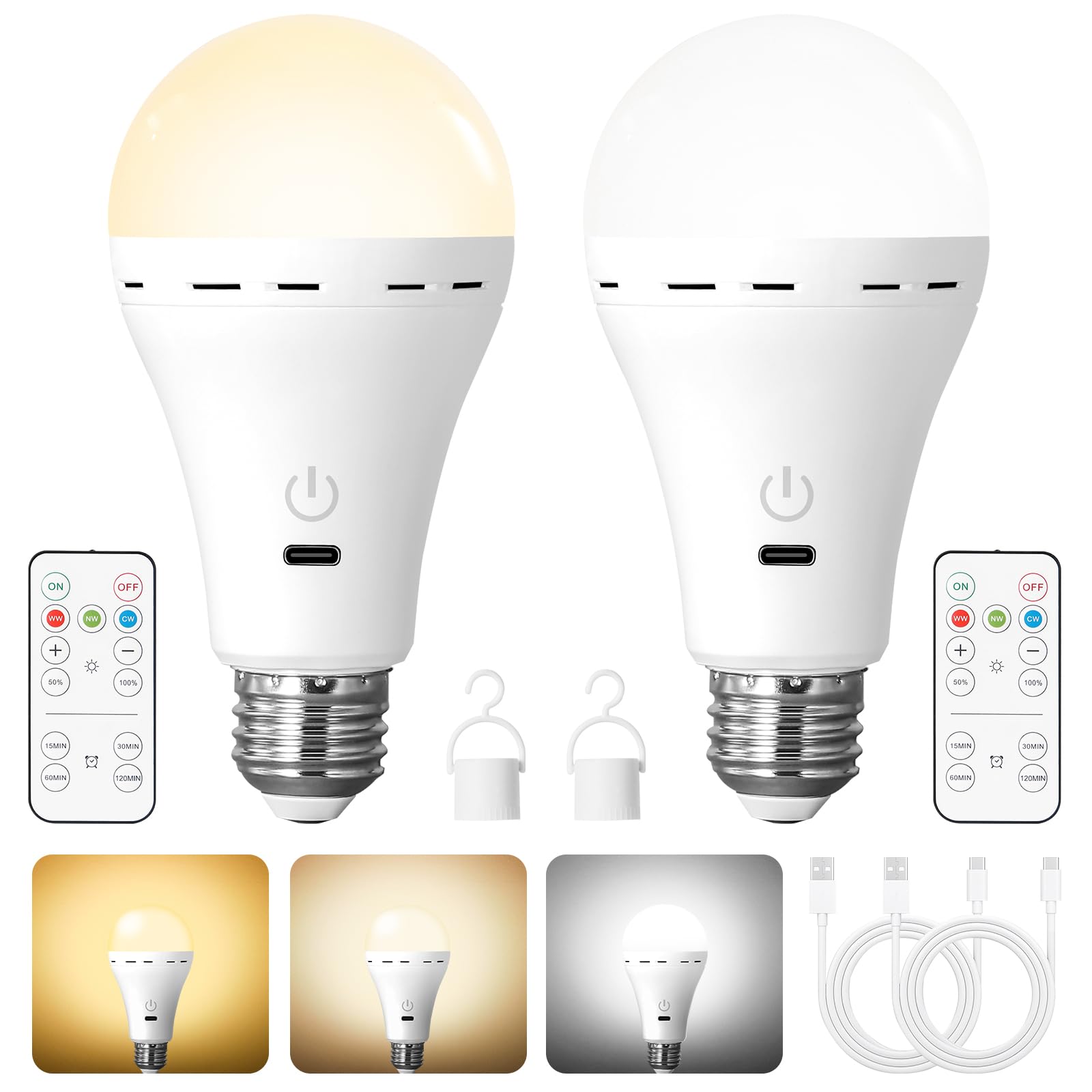 Bailoch Wireless Rechargeable Light Bulbs With Remote, 2Pack Led Cordless Battery Operated Light Bulbs For Lamps, E26 Battery Po