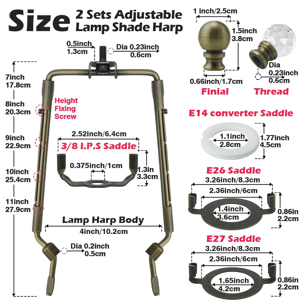 Asjeumt 8 9 10 11 Inch Bronze Lamp Shade Harp Holder, 2 Set Adjustable Height Harp Kit With Crystal & Metal Finial, Diy Replacem