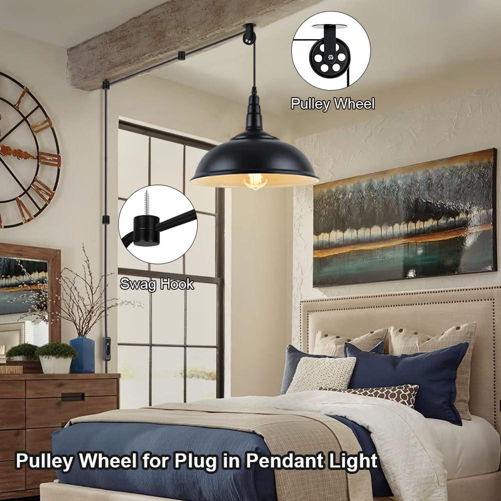 Koltime Black Pulley Wheels Set Of 2 For Plug In Pendant Light Swag Ceiling Hooks For Hanging Lights With Cord, Aluminium Wall C