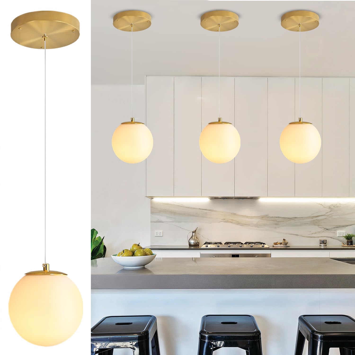 Ykolupty Pendant Lighting Gold Globe Pendant Light Fixture Mid Century Chandelier 1-Light Hanging Fixture For Kitchen Island Adjustable Length Indoor Lighting For Dinning Room Bedroom