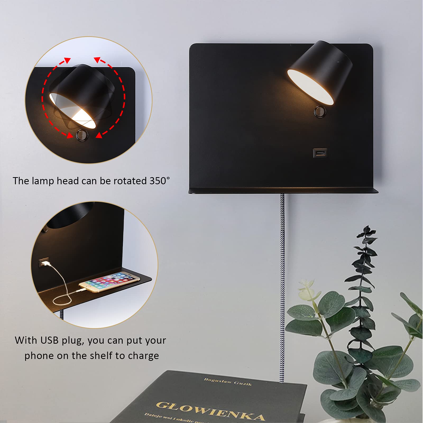 Plug In Cord Wall Sconce With Usb Port Charging, Led Wall Lamp With Shelf Lights Fixture Reading Lights For Bedside Rotation Wal