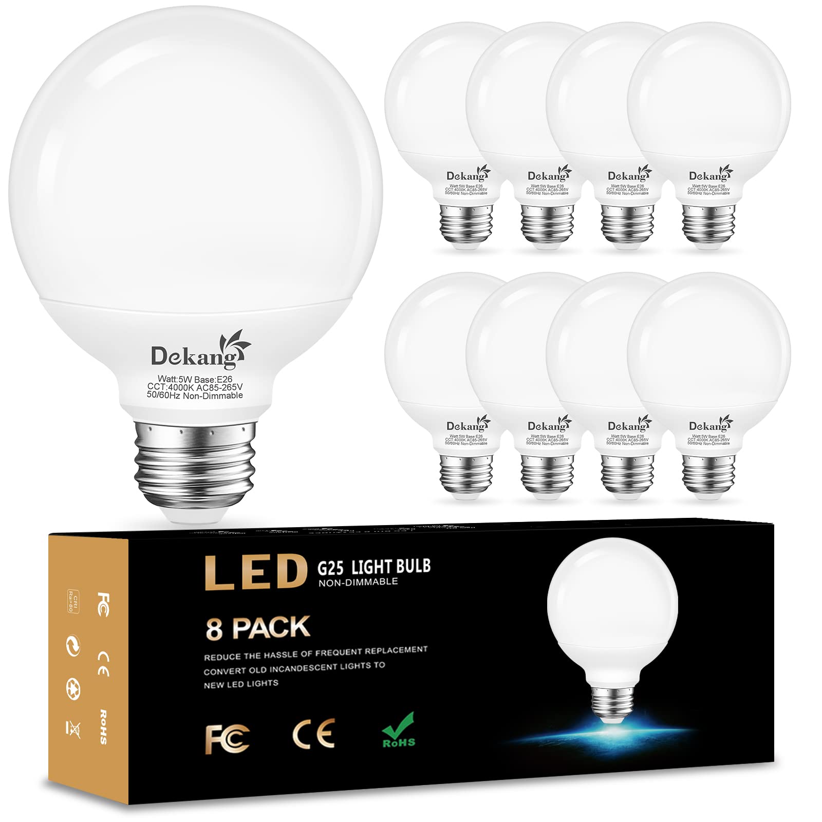 Dekang 8-Pack Led Vanity Light Bulbs For Bathroom 4000K Natural Daylight, E26 Base Globe 60W Incandescent Equivalent, 5W Round L