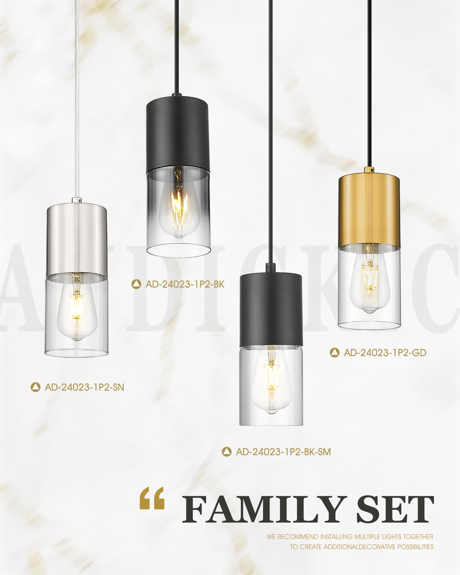 Audickic Pendant Lights Kitchen Island  Brushed Nickel Hanging Lights Fixtures With Cylinder Clear Glass  Modern Kitchen Pendant Lighting Over Island For Dining Room  Ad-24023-1P-Sn