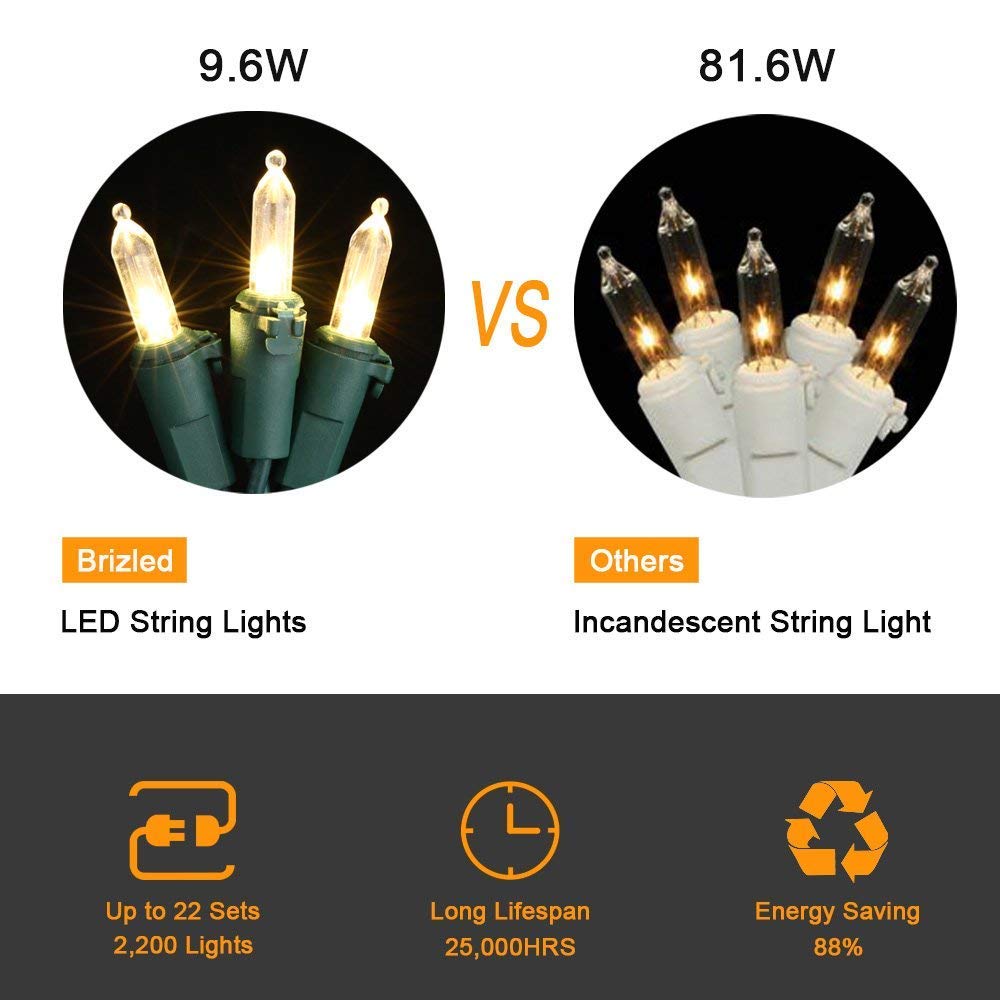 Brizled LED Christmas Lights, 100 Mini String Lights, 33ft, Warm White, UL Certified for Indoor/Outdoor Use